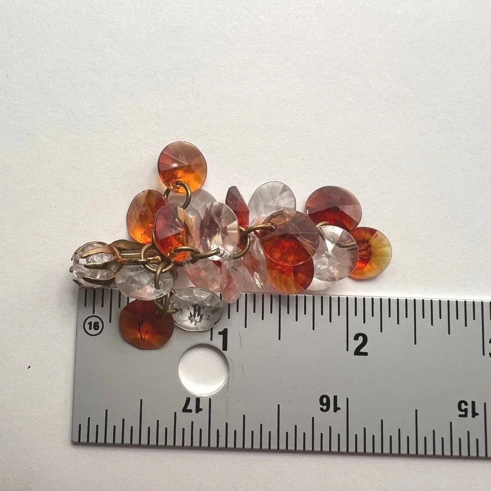 Vintage Lucite Cluster Clip On Earrings‎ Amber Orange Clear Faceted MCM Retro